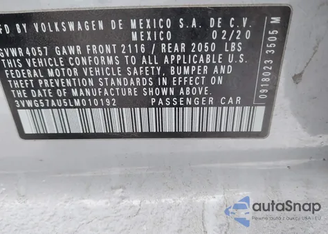 2020 Volkswagen Golf из США, поврежденный, VIN 3VWG57AU5LM010192